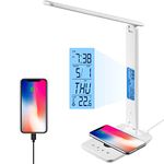 LED Desk Lamp with Wireless Charger, Table Lamp with Clock, Alarm, Date, Temperature, Office Lamp, Desk Lamps for Home Office (White)