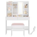 VASAGLE Vanity Desk with Mirror and Lights, Makeup Vanity with Upholstered Vanity Stool, Dimmable LED Lights, Adjustable Shelves, 7 Compartments, 2 Drawers, for Bedroom, Cloud White URDT131W01