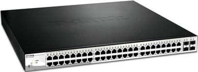 D-Link DGS-1210-52MP 52-Port Gigabit Smart Managed PoE Switch, 48 x 10/100/1000BASE-T PoE ports, 4 x Gigabit GbE/SFP Combo Ports, L2+ Static Routing, Surveillance Mode, 370 W PoE Budget , Black