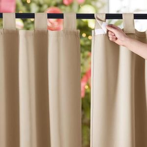 NICETOWN 2 Panels Outdoor Patio Curtains Waterproof Room Darkening Drapes, Detachable Sticky Tab Top Thermal Insulated Privacy Outdoor Dividers for Porch/Doorway, Biscotti Beige, W52 x L84