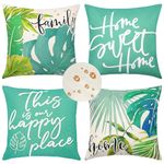 ASTNIC Outdoor Throw Pillow Covers Set of 4 Waterproof Pillow Case 18x18 Decorative Summer Cushion Case with Tropical Plants and Letters for Bed Patio Garden Balcony Couch Room (Green Leaf)