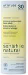 ATTITUDE Mineral Sunscreen Stick for Sensitive Skin, SPF 30, EWG Verified, Plastic-Free, Broad Spectrum UVA/UVB Protection with Zinc Oxide, Dermatologically Tested, Vegan, Unscented, 20 grams