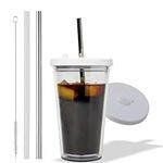 Reusable Iced Coffee Cup (16 Oz/Grande), Leak Proof and Double Wall Insulated Iced Coffee Tumbler, Come with Reusable Plastic and Metal Straws and Straw Cleaner