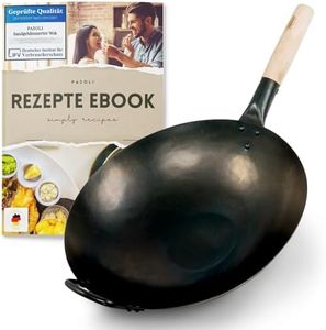 pasoli wok | PRECONDIZIONATO | fondo piatto | per il fornello (anche a induzione) | Diametro 30 cm | wok in acciaio al carbonio martellato tradizionalmente a mano | strato antiaderente naturale