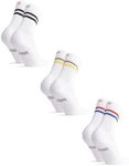 DANISH ENDURANCE 3-Pack Retro Crew Tennis Socks, Cushioned & Breathable, Sports & Everyday Wear for Men & Women, White Multicolor (1x Black Stripes, 1x Green/Yellow Stripes, 1x Red/Blue Stripes), Large