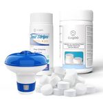 CUQOO 1kg 4-in-1 Multifunction Pool Chlorine Tablets with Floating Chlorine Dispenser & Test Strips for Swimming Pool and Hot Tubs - Chlorine Tabs for Sanitiser, Stabiliser, Algaecide & Clarifier