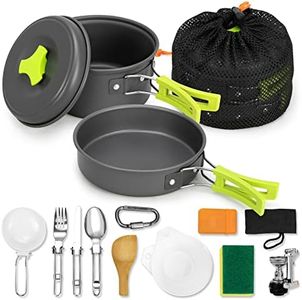 rlrueyal 15pcs Camping Cookware Mess Kit,Non-Stick Lightweight Pots Set Portable Outdoor for Backpacking Hiking Cooking and Picnic Green 5.7 * 2.8''