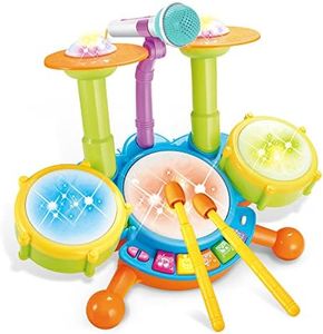 Cozybuy Kids Drum Set, Electronic Musical Instruments Toddlers Toys with 2 Drum Sticks, Beats Flash Light and Adjustable Microphone, Birthday Gift for 1-12 Years Old Boys and Girls