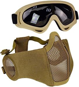 Aoutacc Airsoft Mesh Mask, Half Face Mesh Masks with Ear Protection and Tactical Goggles Set for CS/Hunting/Paintball/Shooting, Tan