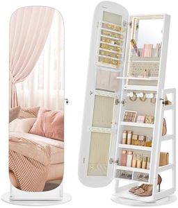 SONGMICS LED Jewelry Cabinet, 360° Swivel Jewelry Organizer, Lockable Mirror Jewelry Cabinet Standing, Rounded Wide Full-Length Mirror with Storage Shelves, Christmas Gifts,Cloud White