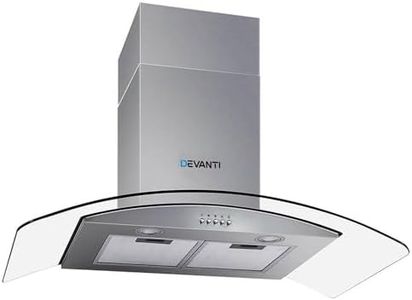 Devanti Range Hood 90cm 900mm Rangehood Kitchen Canopy Chimney Wall Mount, Stainless Steel Knob Control Tempered Glass, 3 Speed Exhaust Fan Aluminium Filters LED Lights Silver