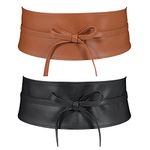 LEACOOLKEY 2 Pack Women Obi Belts Leather Wide Self Tie Bowknot Belts Fashion Wrap Around Belts for Dress(Black+Brown,Suit for Waist Size 25"-29")