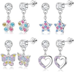 YADOCA 4 Pairs Screw Back Earrings For Women Hypoallergenic 316L Stainless Steel Cute Pink CZ Heart Screwback Dangle Earrings Multicolored Cubic Zirconia Flower Butterfly Rainbow Earrings Dangling Set, Metal, Cubic Zirconia