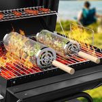 Rolling Grilling Baskets for Outdoor Grill, 2 Pcs BBQ Grill Basket, Stainless Steel Barbeque Grill accessories set, Camping Picnic Cooking Tools for Vegetable/Shrimp/Chicken, Gifts for Men Dad Husband