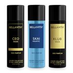 Bella Vita Luxury Unisex Body Parfum Deo Spray Gift Set,Pack Of 3 X 150 Ml, No Gas Long Lasting Premium Fragrance Deodorant|Ceo Men|Skai Aquatic|Klub Men|With Tonka, Bergamot & Vanilla