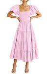 PRETTYGARDEN Womens Casual Summer Midi Dress Puffy Short Sleeve Square Neck Smocked Tiered Ruffle Dresses (Pink,X-Large)