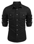 COOFANDY Men's Western Cowboy Shirts Long Sleeve Cotton Casual Button Down Work Shirt with Pockets, 01-black, Medium