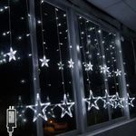 12 Stars 138 LED Curtain Lights, Outdoor Decor Window Curtain String Lights with 8 Flashing Modes Ramadan Decoration for Christmas, Wedding, Party, Home Bedroom Decorations (Cold White)