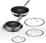 HexClad 7-Piece Hybrid Stainless Steel Cookware Set with Lids and Wok - Metal Utensil and Dishwasher Safe, Induction Ready, Easy to Clean Non Stick Fry Pan with Covers