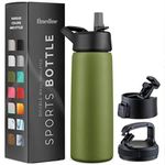 FineDine Water Bottle - Stainless Steel Insulated Water Bottle with Straw Lid, Flip Lid & Wide-Mouth Cap - Keeps Hot and Cold - 25 Oz / 739ml - Army Green