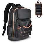 SNDMOR Tool Backpack Heavy Duty, 53 Pockets Tool Rucksack, Electricians Tool Bag with Waterproof Reinforced Rubber Bottom, Removable tool roll bag (Black & Orange)