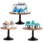 3 Pcs/Set Wood Cake Stand Handcrafted Cake Pedestal, Wood Display Table for Presenting Cakes, Pastries, Desserts, Cake Stands with Round Rustic Metal Pedestal Holder