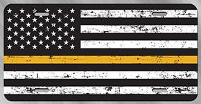 DHDM Thin Gold Line Distressed Flag License Plate Tag Vanity Novelty Metal | UV Printed Metal | 6-inches by 12-inches | Car Truck RV Trailer Wall Shop Man Cave | VLP623