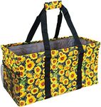 Lucazzi Extra Large Utility Tote Bag - Oversized Collapsible Reusable Wire Frame Rectangular Canvas Basket With Two Exterior Pockets For Beach, Pool, Laundry, Car Trunk, Storage - Sunflower