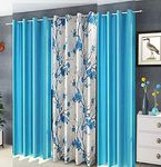 Parda Sansar 3D Digital Print Floral Heavy Curtains Combo/Set of 3 Curtains/Parda for Bedroom, Living Room and Home Curtains Set of 3 for (2-Blue Plain and 1 Flower, Long Door - 4x9 Feet)