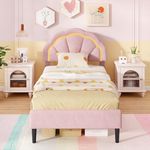 Giantex Twin LED Bed Frames for Kids, Velvet Upholstered Platform Bed with Adjustable Cloud Headboard, Princess Bed, Wooden Slats Support, No Box Spring Needed, Cute Girls Bed, Pink