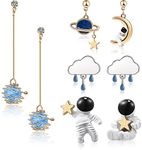 4 Pairs Astronaut Stud Earrings Asymmetric Spaceman Star Moon Earrings Planet Star Stud Dangle Earrings for Women, Metal