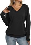 EasyGala Womens V Neck Long Sleeve Shirts Banded Bottom Cute Loose Fit Tops Dressy Casual Business Casual Outfits for Spring Fall Black Medium