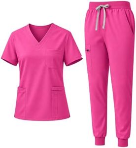 Eadflie Scrubs for Women Set - 8-Pocket V-Neck Scrub Uniform, Stretch Jogger Pants, Medical Workwear for Nurses, Pet Care (Hot Pink/S)