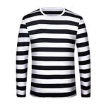 Men's Red White Striped Shirt Waldo Costume Halloween Robber Costume Pugsley Addams Black White Striped T-Shirt Top, Long (Black+white), Large