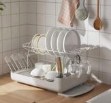 HomeCloud 2-Tier Dish Rack with Pull-Out Drain Tray – Large Capacity Dish Organizer with Cutlery Holders, Cup & Wine Glass Rack for Efficient Kitchen Countertop Storage | 46x30x16cm | White