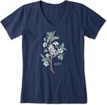 Life is Good Women's Antique Plum Blossom Painting Short Sleeve Crusher Vee (Medium, Darkest Blue)