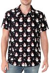 LINOCOUTON Christmas Snowman Button Up Shirts for Men Xmas Snowflake Short Sleeve Clothes, Black, X-Large