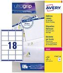 Avery Printable, Customisable Address Mailing Labels, Laser Printers, 18 Labels Per A4 Sheet, 1800 Labels, UltraGrip (L7161), White, 100 Sheets