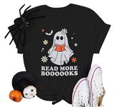 MOUSYA Halloween Teacher Shirts for Women Read More Books Halloween Shirt Ghost Teacher T-Shirt Halloween Party Tee Tops, Black, Small