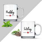 Gift Arcadia Set of 2 Glass Coffee Mug for Husband & Wife Series| Shiny Glass Tea Cup Set with Handle for Hubby & Wifey & Couples| Microwave & Dishwasher 325ml Capacity Milk Cups. (GM050)