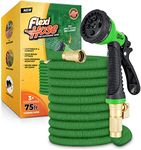 Flexi Hose with 8 Function Nozzle Expandable Garden Hose, Lightweight & No-Kink Flexible Garden Hose, 3/4 inch Solid Brass Fittings and Double Latex Core, 75 ft Green