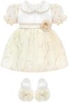 Lilax Baby Girls Embroridered Dress with Shoes, Short Sleeve Peter Pan Neck Infant Dress Cream