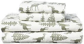 Brielle Home Flannel Sheet Set Cotton Soft Warm & Cozy Modern Chic with Elastic Deep Pockets, Queen, Deer Ivory