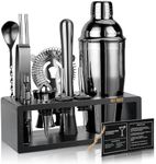 Black Cocktail Shaker Set with Stand - 15 Piece Bar Set Cocktail Shaker Set for Drink Mixing - Kit for Beginner Bartender - Martini Shaker, Jigger, Strainer, Mixer Spoon, Bottle Opener + Recipe Book