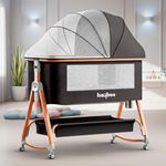 BAYBEE Premium Pro Bedside Crib Cradle for Baby | Bassinet for New Born with 6 Height Adjustable & Rocking Mode | Foldable Cot with Mosquito Net & Storage | Portable Bedside Baby Cribs & Cots (Black)