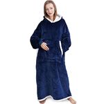 Hoodie Blanket, Long Wearable Blanket with Pockets Fluffy Flannel Sherpa TV Blanket Sweatshirt Winter Robe One Size Fits Men Women Adult(Navy Blue)