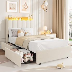 Garvee LED Twin Size Bed Frame with Storage Headboard, Kids Bed Frame with 2 Drawers, Boucle Upholstered Platform Bed for Girls, Chic Wavy Headboard with Bookcase, No Box Spring Needed, White