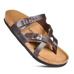 AEROTHOTIC Womens Strappy Slip-On Modern Memory Foam Cushion Footbed Outdoor Adjustable Buckle Cork Footbed Slides for Sandals with Comfortable Arch Support, Celestis Brown, 8