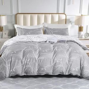 Tokokimo Queen Quilt Cover Set, Ultra Soft Microfiber Doona Cover Bedding Set, 3 Piece Reversible Duvet Cover Set with Zipper Closure and Corner Ties (Grey and White, Queen)