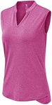 BASUDAM Women's Sleeveless Golf Polo Shirts V-Neck Collarless Tennis Athletic T-Shirts Quick Dry, Dark Rose, X-Large